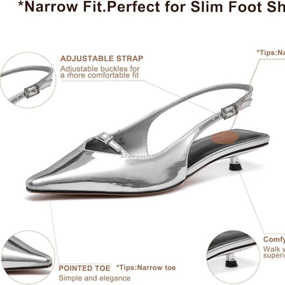 Women's Slingback Kitten Heels Low Heel Pump Sandal Pointed Toe Silver dressy - Picture 4 of 6